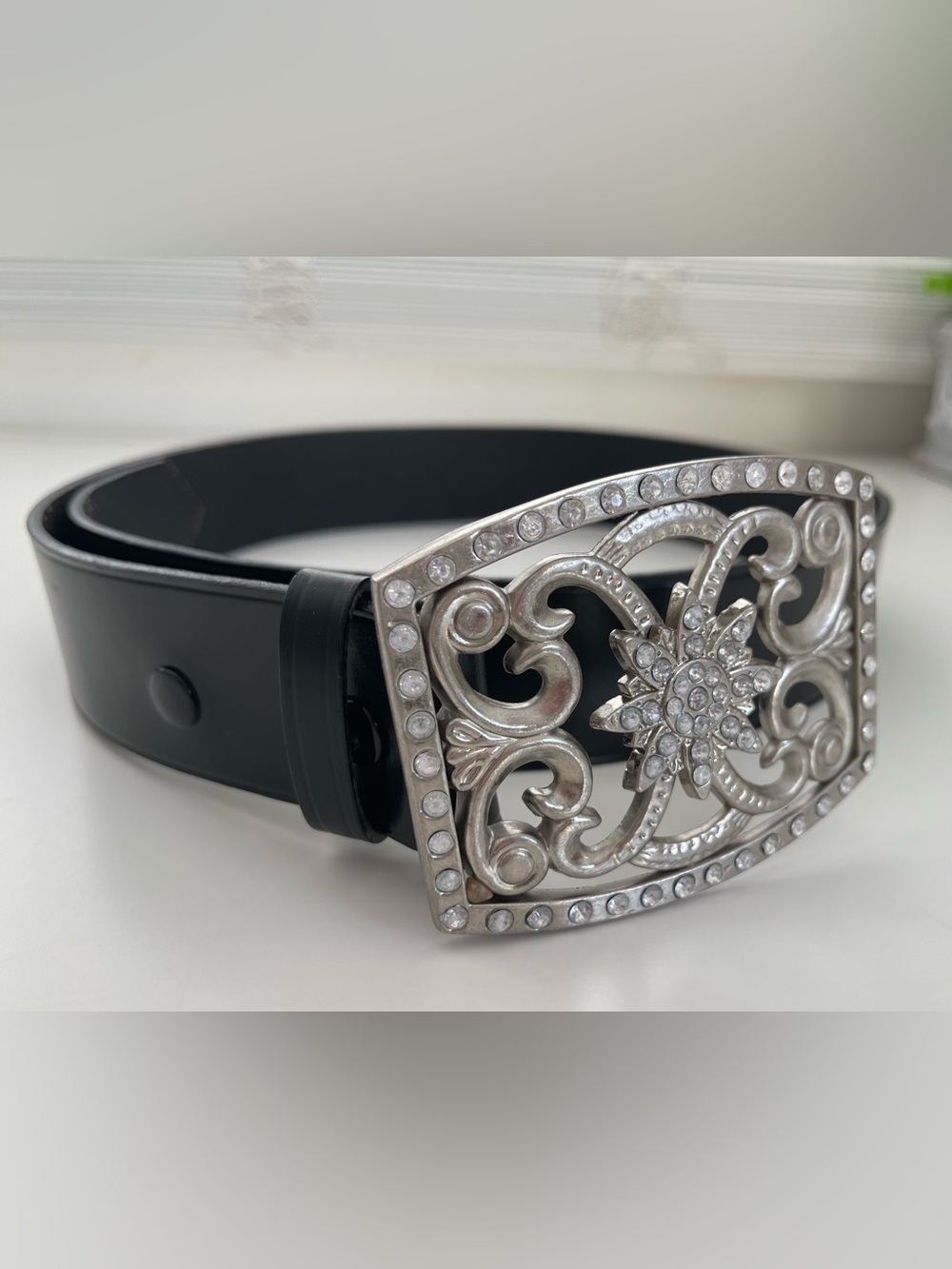 Leather Belt with Rhinestone Bling Buckle 36”in